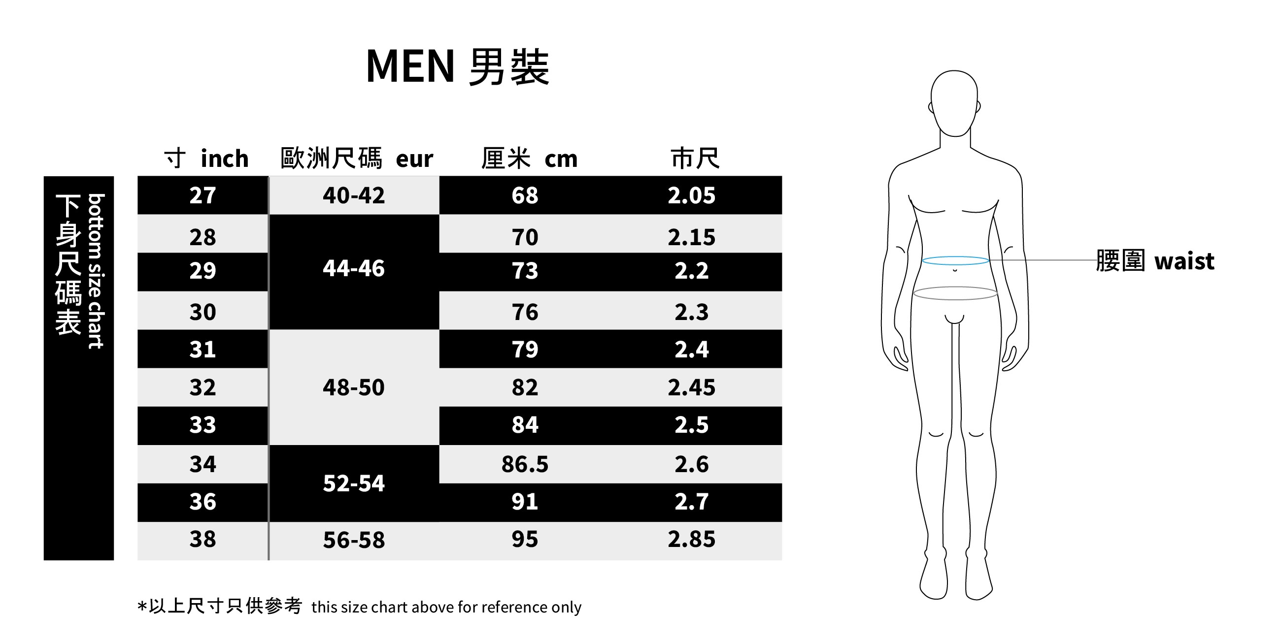 Size Chart - Bossini Singapore - Shop quality everyday wear clothes for  men, women and kids